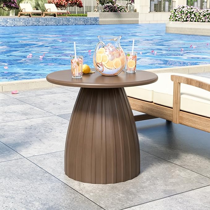 Round Metal Outdoor Patio Side Table, Steel Outdoor Accent Table, Small Patio End Table, for Garden, Pool, Yard, Balcony, Living Room, Deck, Weather Resistant, No Assembly, Brown