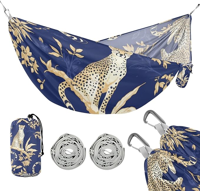Blue and Gold Leopard Leaves 330lb Capacity Hammocks with Hanging Rope Fabric Hammock for Patio Backyard Lounge Base hamacas para adultos con soporte