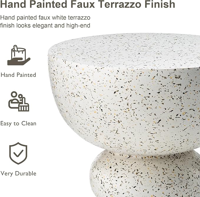 Glitzhome Outdoor Side Table, Round Accent End Table, Lightweight Faux Terrazzo Decorative Garden Stool, 17.25" H White Planter Stand for Patio Porch Balcony Living Room