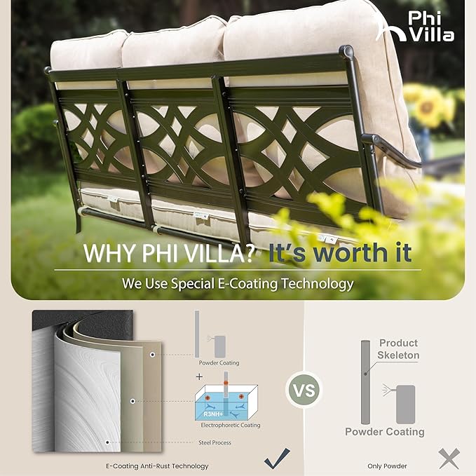 PHI VILLA Extra Large Metal Patio Furniture Sets, All-Weather Steel Frame Heavy Duty Patio Conversation Sets for Backyard, Porch and Garden