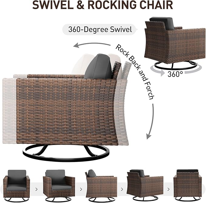 UDPATIO Patio Furniture Set, 6 Pieces Outdoor Conversation Sets with Rocking Swivel Chairs, Wicker Rattan Outdoor Sofa Set with Storage Table and Waterproof Covers for Backyard, Deck, Porch, Grey