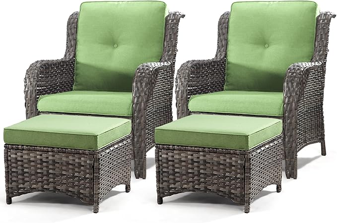 4 Pieces Outdoor Patio Furniture Set Wicker Chairs Set of 2 with Two Ottomans for Backyard, Porch, Balcony(Mixed Grey/Green)