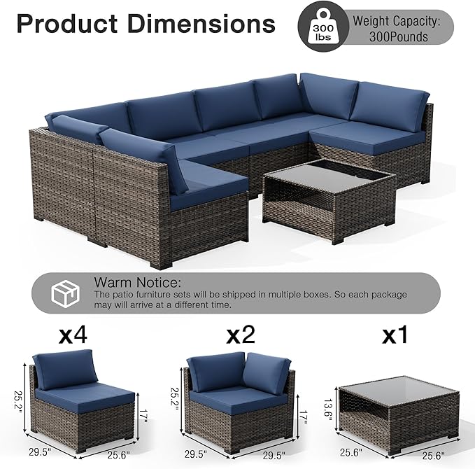 Joyside 7-Piece Patio Furniture Set, Rattan Outdoor Sectional Wicker Patio Conversation Set with Cushions and Coffee Table
