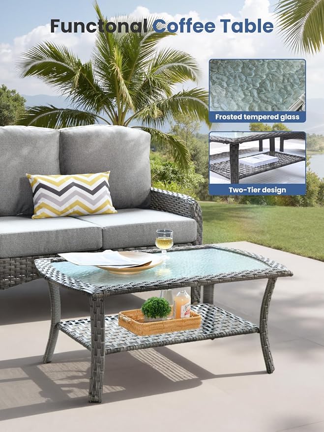 4-Piece Outdoor Patio Furniture Set with Coffee Table, Outdoor Conversation Wicker Sofa with Thickened Cushions, Rattan Couch for Deck Yard Poolside, Dark Grey