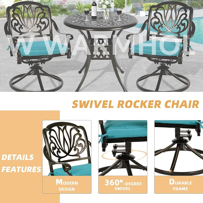 3-Piece Outdoor Patio Dining Set, All-Weather Cast Aluminum Patio Furniture Set for Backyard Garden Deck with 2 Swivel Cushioned Chairs and 31” Round Table, 2" Umbrella Hole, Ocean Blue