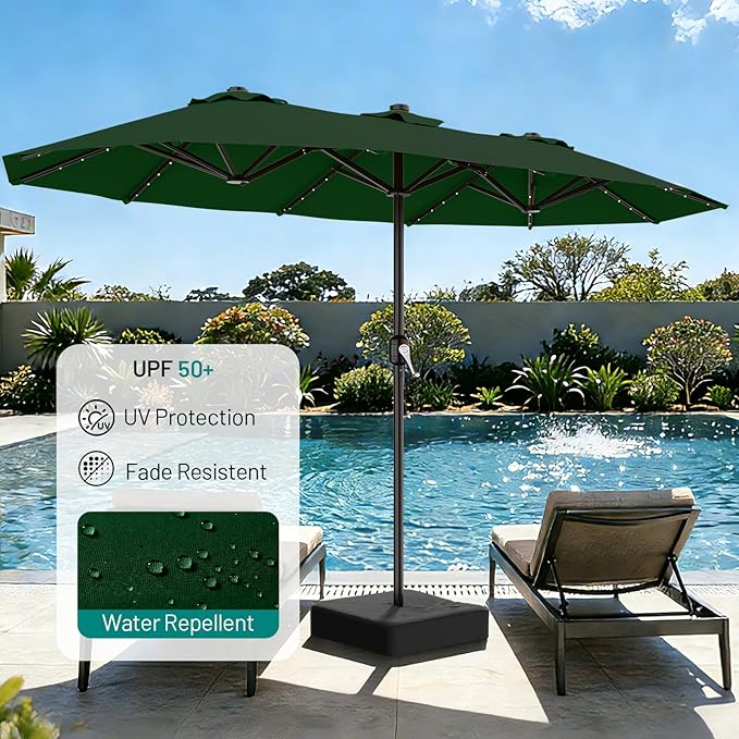 AreShark 13 FT Patio Umbrella with Solar Lights, Double-Sided Outdoor Table Umbrellas with Crank, Large Rectangular Market Umbrella for Porch, Lawn, Pool, Backyard, Dark Green