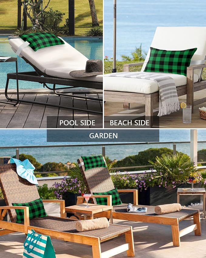 Outdoor Pillows Covers with Inserts Christmas Green and Black Plaid Waterproof Recliner Pillow with Adjustable Strap Throw Pillows for Patio Furniture Pool Lounge Chair, 11x16 inch, 1PCS
