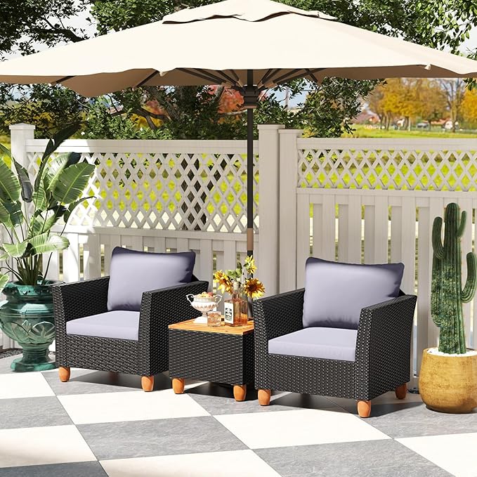 COSTWAY 3 Pieces Patio Rattan Furniture Set, Outdoor Wicker Conversation Chairs Set with Acacia Wood Coffee Table & Washable Cushion, Porch Furniture Bistro Set for Balcony, Garden, Backyard, Grey