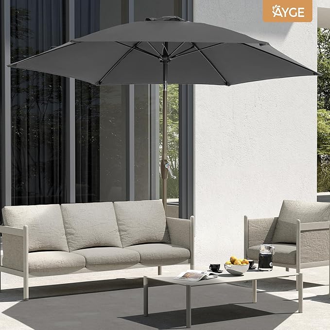 Ayge 7.5FT Large Outdoor Patio Umbrella Market Table Umbrella-UV Resistant, Easy Push Button Tilt and Crank, 6 Sturdy Fiberglass Ribs Heavy-Duty Pool Umbrella for Deck, Backyard,Garden, Yard,Grey