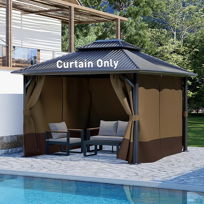 Aoodor 12x16 ft Outdoor Gazebo Curtains, 4 Panels Waterproof Privacy Sidewall Replacement with Zipper for Patio Pergola and Canopy, Brown and Coffee