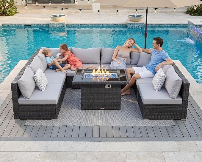 BULEXYARD 9 Pieces Highback Wicker Patio Furniture Set with Firepit, High Weight Capacity Outdoor Sectional Couch Sofa 8-Seater Modular, Plus Comfortable Wide Deep Deck Seating Group, Light Grey