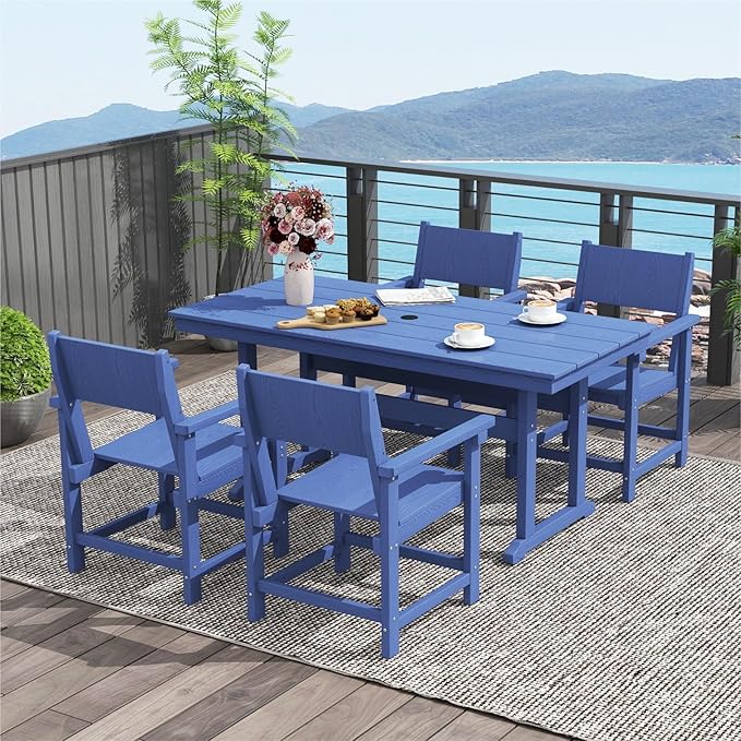 5-Piece HDPE Outdoor Patio Dining Set,Outdoor Table and Chairs,Modern Plastic Dining Sets with Umbrella Hole Cut-Out Table and 4 Chairs Navy