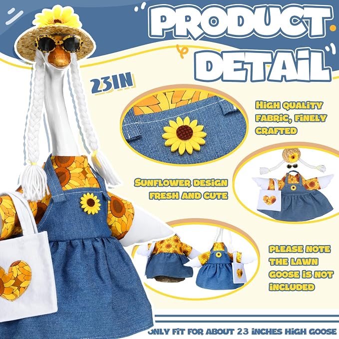 Soulchen 1 Set Summer Porch Goose Outfit 23 Inch Cement Sunflower Goose Dress Clothes and Hat Costume Set for Summer Party Yard Lawn Outdoor Garden Patio Decor