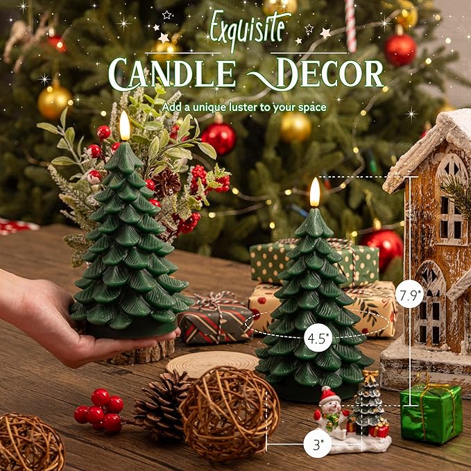 Christmas Tree Candles with Remote, 2 Pack Green Flameless Candles Battery Operated, Real Wax Flickering Christmas Led Candle Decorations for Winter Home Holiday Xmas Gift