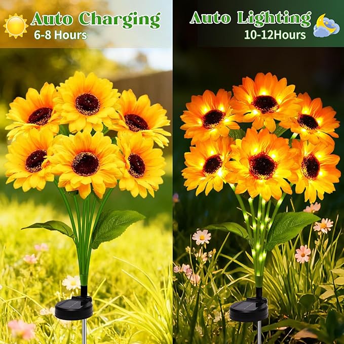 Solar Sunflower Lights Outdoor Garden Decor, 2 Pack with 12 Sunflowers,8 Lighting Modes, Birthday Gifts for Mom Women, Outdoor Decorative Stakes Light for Landscape Yard Patio Lawn