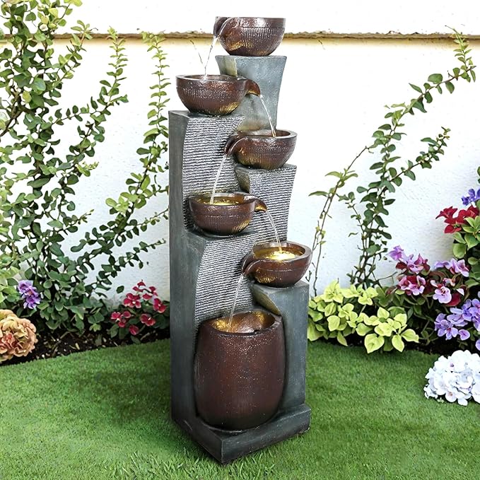 SunJet 6-Tiers Indoor/Outdoor Garden Water Fountain - 53.5inches Modern Floor-Standing Cascading Water Feature - Suitable for Deck, Patio, Porch, Yard Decor
