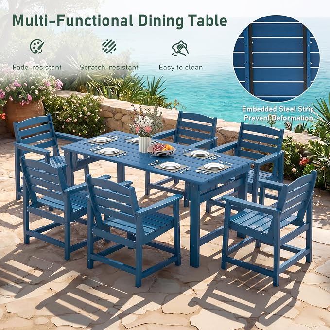 Furnimart Outdoor Dining Set for 6, 67" HDPE Dining Table and Chairs, All-Weather 7 Piece Patio Dining Set with Umbrella Hole, Outdoor Furniture Set for Backyard, Garden, Lawn & Poolside, Blue