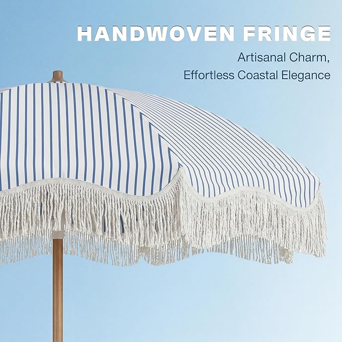 7ft Patio Umbrella with Fringe, Boho Beach Umbrellas, Outdoor Tassels Umbrellas with Push Button Tilt & Carrying Bag, 8 Windproof Fiberglass Ribs, UPF50+