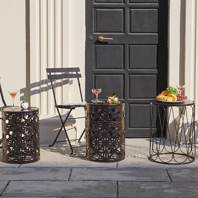 Y&M Outdoor Side Tables Set of 3, Metal Stacking Patio Side Tables for Outside, Round Indoor End Tables, Decorative Garden Stool Plant Stand for Patio Garden Balcony Porch, Black with Bronze