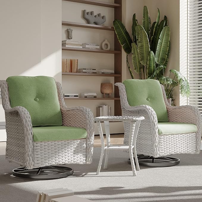 Joyside Outdoor Swivel Rocker Patio Chairs Set of 2 and Matching Side Table - 3 Piece Wicker Patio Bistro Set with Premium & Soft Fabric Cushions(Light Grey/Green)