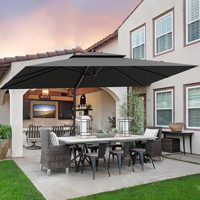 9x12FT Grey Cantilever Outdoor Patio Umbrella with Base, Large Rectangular Offset Design, Double Top Heavy Duty Aluminum Frame & 360° Rotation for Pool Garden Deck Backyard, Beige