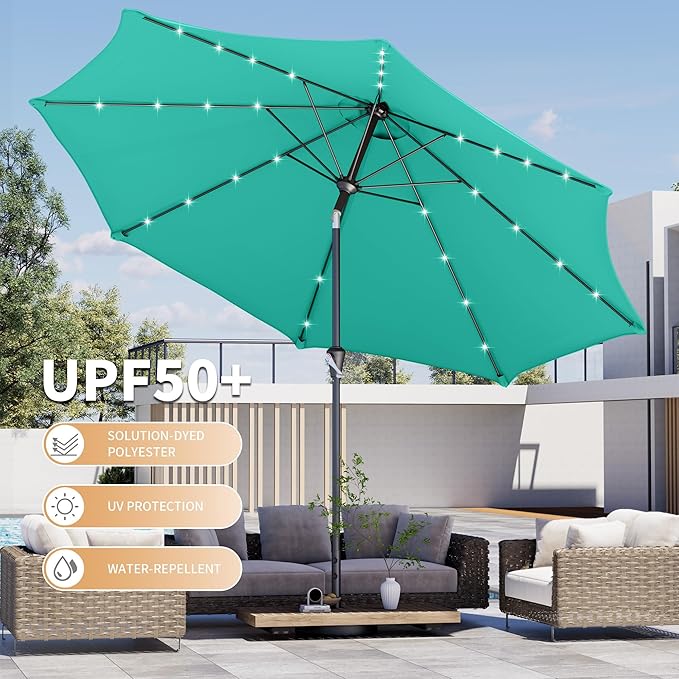 Kingdura 10FT Outdoor Patio Umbrella with Solar Lights, Market Table Umbrella with Push Button Tilt & Crank, 8 Sturdy Ribs, 32 LED Lights, UV Protection for Garden Lawn Deck Backyard Pool (Tiffany blue)