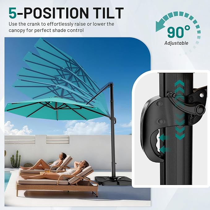 AreShark 11FT Round Cantilever Patio Umbrella with Base Included, 360° Rotation Offset Outdoor Umbrella, 5 Tilt Settings Heavy Duty Hanging Parasol for Deck Garden Pool, Peacock Blue