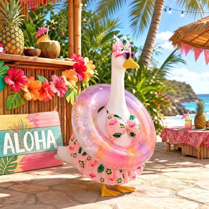 Hawaiian Porch Goose Outfits Summer, Flamingo Bikini Goose Outfit | Goose Costume with Sunglasses & Swim Ring Fits 17 23 Inch Cement Yard Plastic Statues, Outdoor Garden Patio Decor
