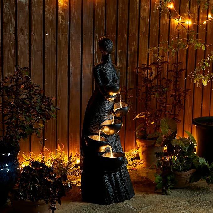 Glitzhome 5 Tier Modern Women Sculpture Outdoor Water Fountain, Indoor Outdoor Woman Statue Waterfall Fountain with LED Lights for Porch Deck Garden Patio Backyard, 39.75" H