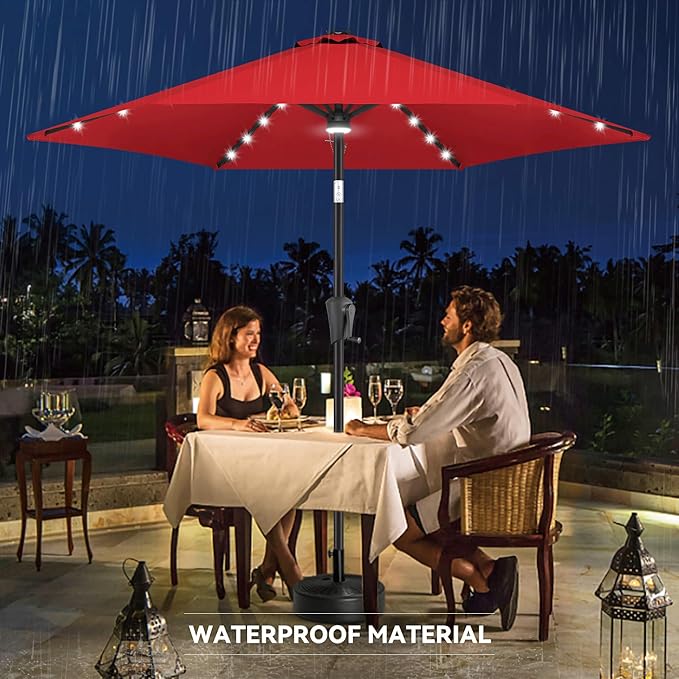 10ft Solar Patio Umbrella - Outdoor Umbrella with Centre Surround Light 24 LED Lights, Market Table Umbrella with Tilt for Pool, Porch, Garden, Deck, Backyard UV Protection (Red)