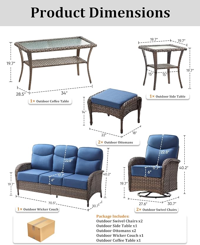 7-Piece Luxury Patio Furniture Set with 6-Inch Thick Cushions, High-Back Outdoor Sofa & Swivel Rocking Chairs w/Wicker Coffee Table, All-Weather Conversation Set for Porch, Deck, Yard – Blue