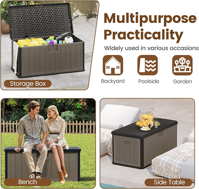 Giantex 100 Gallon Deck Box, Waterproof Resin Box with Lockable Lid, 440Lbs Outdoor HDPE Storage Container Bench for Patio Furniture Cushions, Pool Tools & Garden Accessories (Brown)
