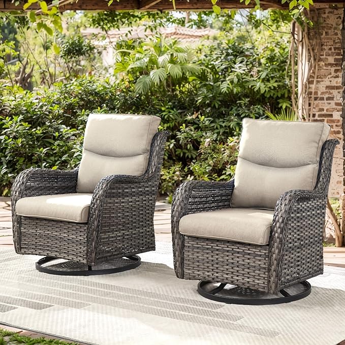 Patio Swivel Chair Set of 2, Resin Wicker Swivel Patio Glider Chairs with Smile-Shaped Cushions, High Back Luxury Swivel Patio Chairs for Outdoor, Brown Wicker|Beige Cushions