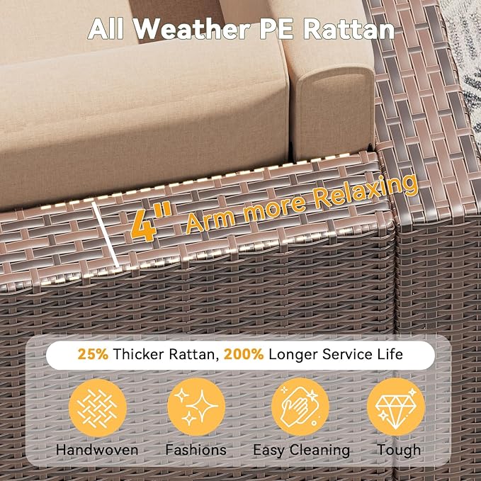 Aoxun 7 Piece Patio Furniture Set, All-Weather Wicker Outdoor Furniture 6 Seats Patio Conversation Sets with Storage Coffee Table, Outdoor Sectional Sofas for Backyard Garden(Brown/Khaki)