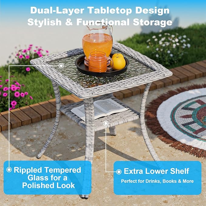 9-Piece Small Patio Furniture Set, Outdoor Swivel Rocking Chairs Set with 55,000 BTU Fire Pit Table Wicker Chairs and Ottomans, Patio Bistro Set for Balcony, Deck, Porch, Grey