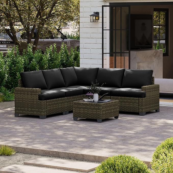 LazySunsets Luxury Patio Furniture Set, All-Weather Patio Sectional Sofas with Thickened Cushions, 6 Piece Outdoor Furniture Set, Black