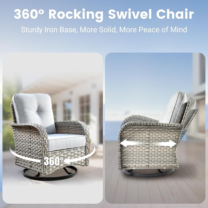 Swivel Patio Chairs Set of 2, Outdoor Wicker Rocker Glider Chair with Coffee Table, Modern Comfy Patio Furniture Sets for Porch Balcony Sunroom, Gray