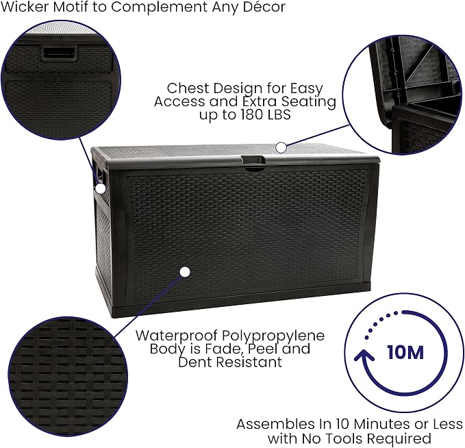 Merrick Lane Outdoor Storage Container - 120 Gallon Capacity - Black Weather Resistant Plastic - UV Treated to Prevent Fading - Chest Design with Hinged Lid