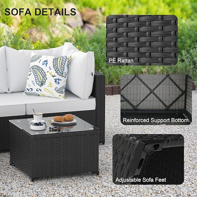 Patio Furniture Set, 5PCS Patio Sectional with Ottoman Wicker Rattan Outdoor Furniture with Thickened Cushion Modular Wicker Patio Conversation Set with Glass Top Table for Balcony, Backyard (White)