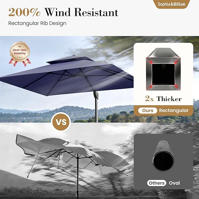 Sophia & William 12ft Cantilever Patio Umbrella with Base, Large Rectangular Umbrellas with 360-degree Rotation, Aluminum Pole for Garden Pool Backyard, Navy Blue