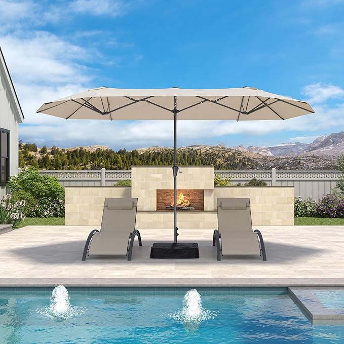 PURPLE LEAF 13ft Double-Sided Patio Umbrella with Base Included Market Rectangle Umbrella Outdoor Table Umbrella with Crank for Pool Garden Deck, Khaki