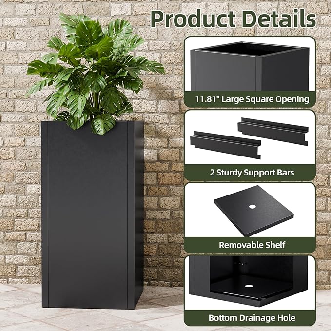 Black Tall Metal Planters Box for Outdoor Plants 6 Pack- 23.6" H Steel Tall Square Planter with Removable Insert Shelf, Modern Heavy Duty Pedestal Planter Front Porch Decor Patio Garden