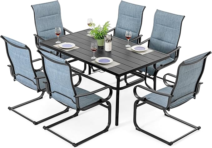 NUU GARDEN 7PCS Patio Dining Set with 1.6 Inch Umbrella Hole Powder-Coated Metal Frame Outdoor Furniture with 6 Padded Textilene C-Spring Chairs and Table for Backyard Garden Poolside Lawn Black Blue