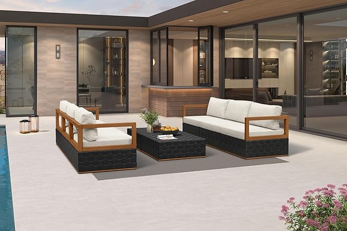 PURPLE LEAF Patio Outdoor Furniture Set 8 Pieces, Premium Leather Outdoor Couch Sectional Sofa, Open-End Patio Couch with Olefin Cushions, Patio Conversation Sets for Porch, Balcony, Garden, Black