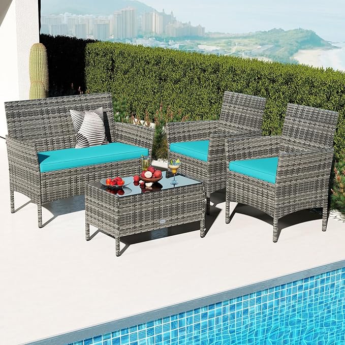 Tangkula 4 Pieces Patio Rattan Conversation Set, Outdoor Wicker Furniture Set with Cushioned Chair, Loveseat & Tempered Glass Table, Outside Sectional Sofa Set for Backyard (G-Turquoise,1)