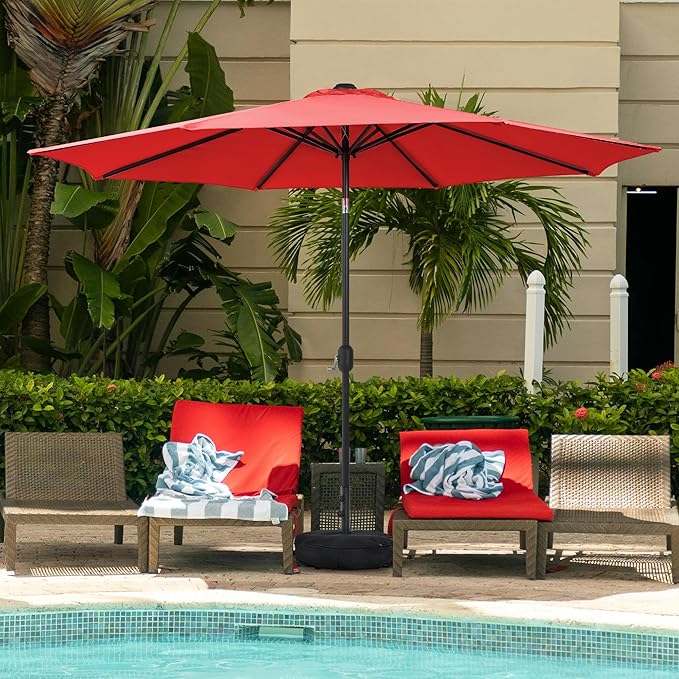 Sundale Outdoor 9FT Patio Umbrella with Sand Bag Umbrella Base, Outdoor Umbrella with Tilt and Crank, Red