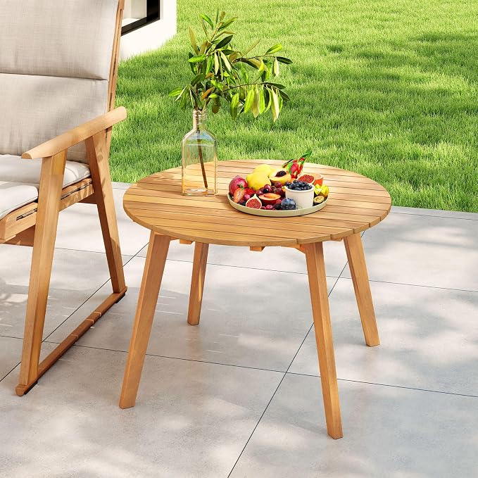 Tangkula Outdoor Side Table, 24.5 Inch Acacia Wood Round Accent Bistro Patio Table with Slatted Tabletop, for Backyard, Balcony, Poolside, Garden (2)