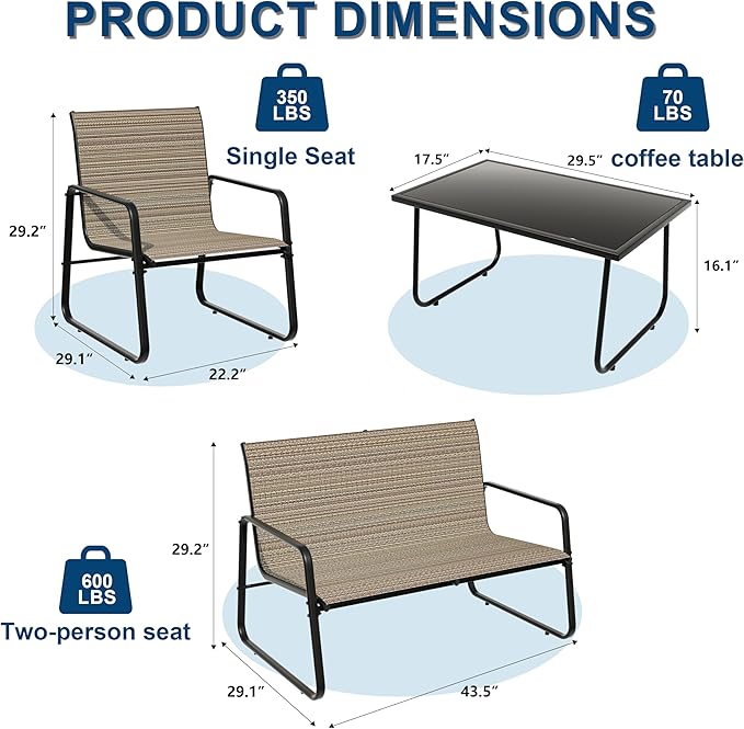 4-Piece Outdoor Patio Furniture Set, All-Weather & Easy Assembly Outdoor Conversation Set with Tempered Glass (2 Single Seats, 1 Loveseat, 1 Coffee Table) for Garden, Patio, Yard, Poolside
