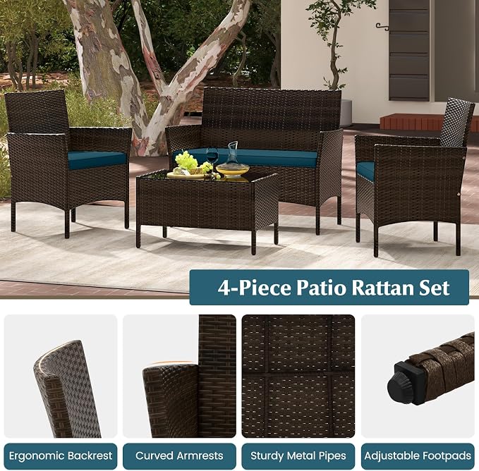 4 Piece Patio Furniture Set, Sectional Conversation Sofa Set with Glass Coffee Table, Cushions & Loveseat, Wicker Outdoor Table and Chairs for Pool, Garden, Deck, Backyard (1, Peacock Blue)