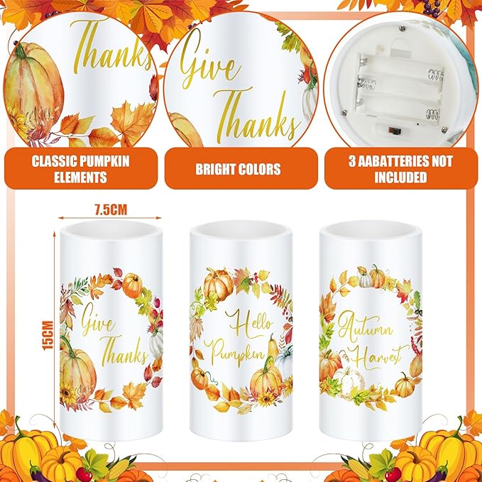 Retisee 3 Pcs Thanksgiving Flameless LED Candles Pumpkin Wreath Battery Operated Candles with Remote Thanksgiving Pumpkin Decor for Table Centerpiece Bedroom Living Room Fall Autumn Decorations